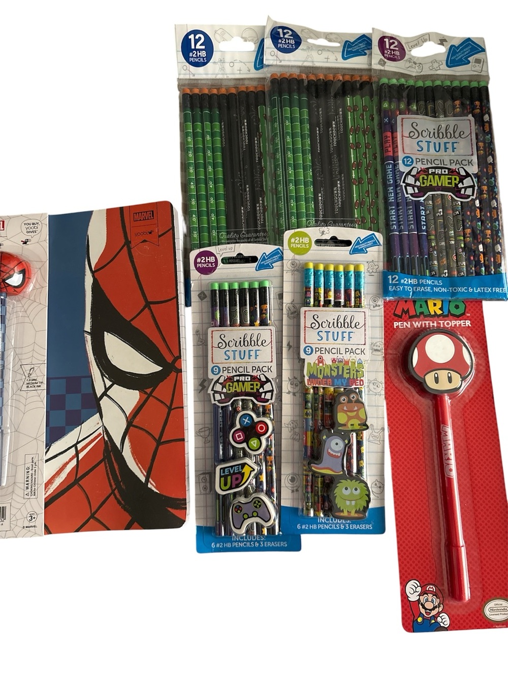 Spiderman, Super Mario, gamer, monster school supplies